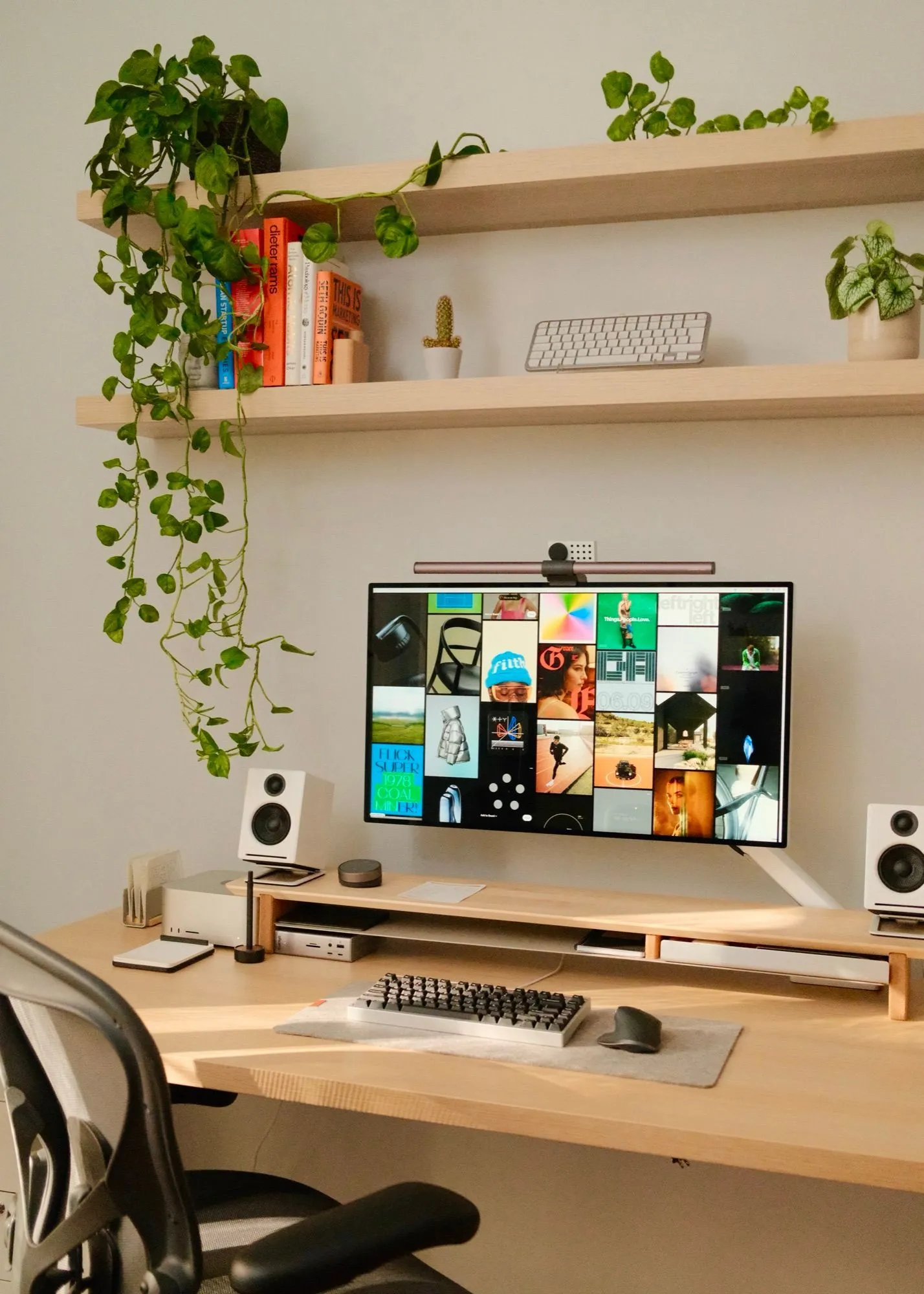 Desk in the evening with the lamp on