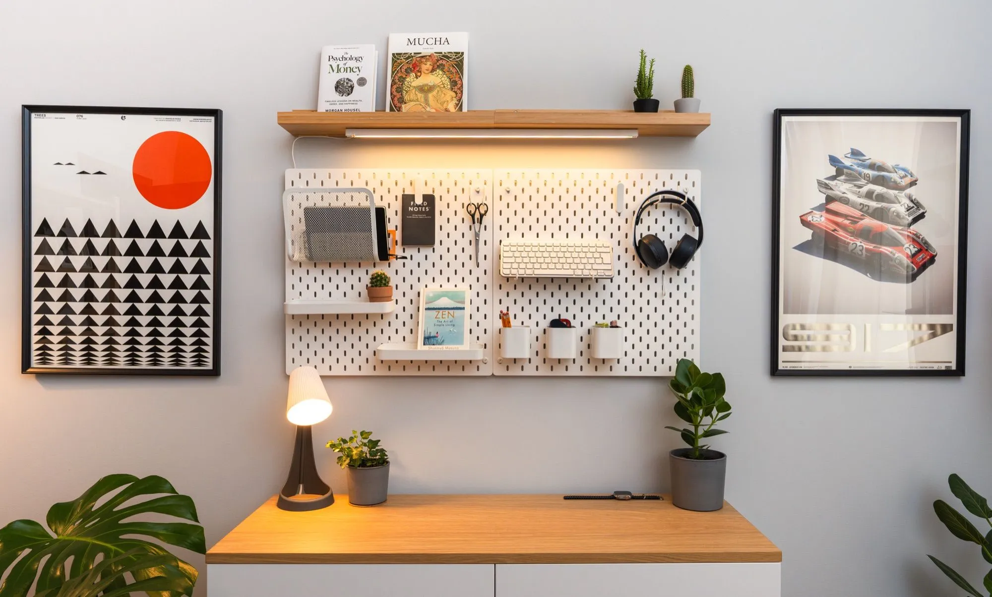 Pegboard and shelves above the desk
